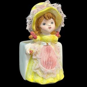 Vintage 1950s Replo Kitschy Girl in Yellow and Dress Bonnet Porcelain Planter